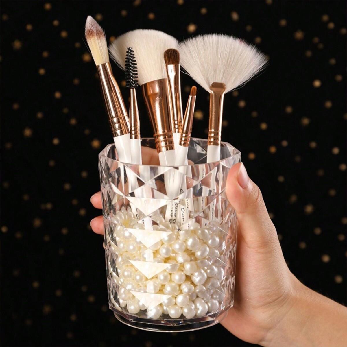 Drill Pattern Diamond Makeup Brush Storage Bucket Pen Holder, Transparent Multi-Functional Container for Eyeshadow Brushes & Water Cup, Desktop Storage Box, Makeup Cosmetic Organizer