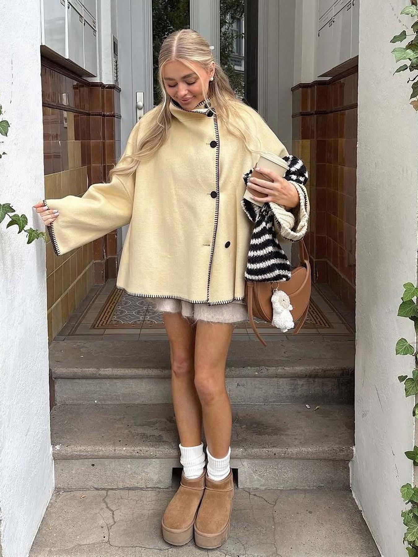 Women's Solid Button - Up Jacket Coats Yellow & Gray High Neck Spring & Fall Oversized Sleeves Casual Chic & Unique Outerwear Women's Fashion Piece Ladies Clothes for Daily Wear