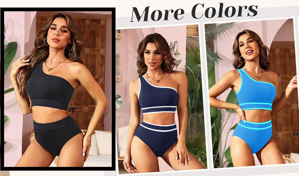 Holipick Women's One Shoulder Bikini Set High Waisted Bathing Suit Color Block Two Piece Swimsuit for Girls, Teens, Juniors, Ladies, Moms, Vacations, Parties, Beach Outings, Pool Gatherings