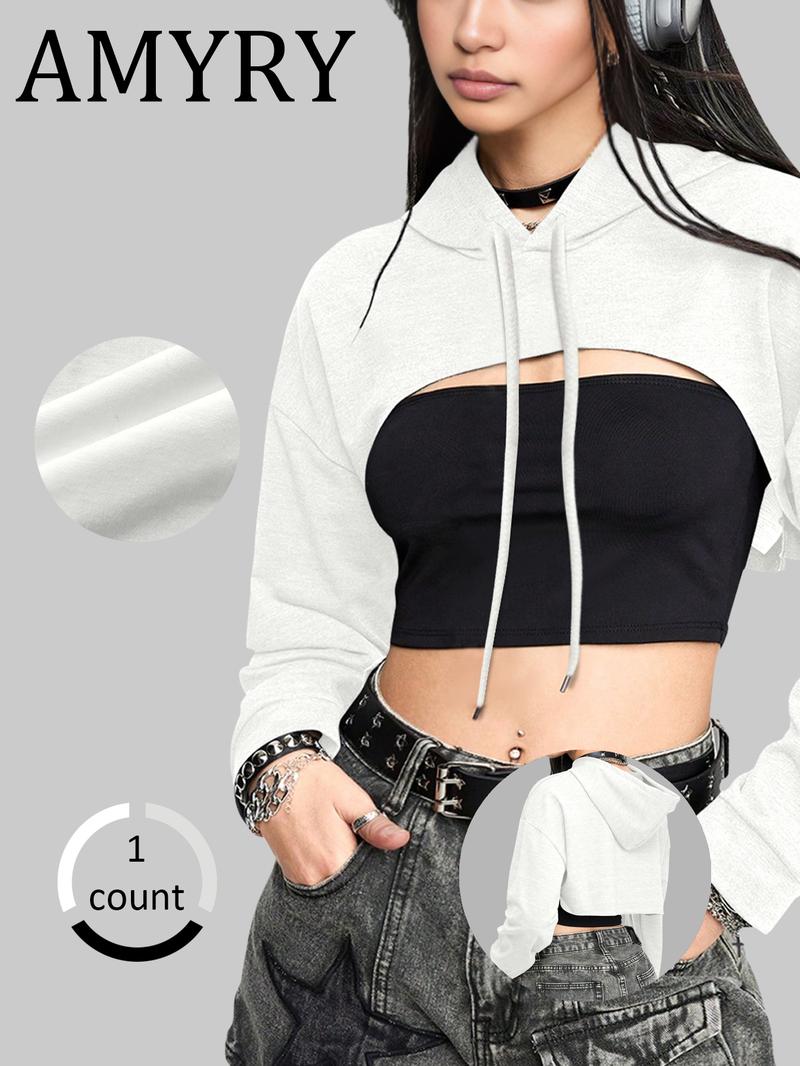 Women's Solid Drawstring Drop Shoulder Crop Hoodie, Casual Long Sleeve Hooded Sweatshirt for Daily Wear, Ladies Clothes for All Seasons, Drawstring Waist Hoodie