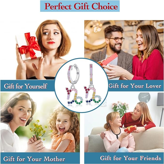 Presentski Zodiac Sign Earrings with Colourful Cubic Zirconia - QWomen's Girls' Hoop Earrings 925 Sterling Silver Small Horoscope Pendant Hanging Hoops Earrings 12 Constellation Astrology Jewellery Gift, Sterling Silver