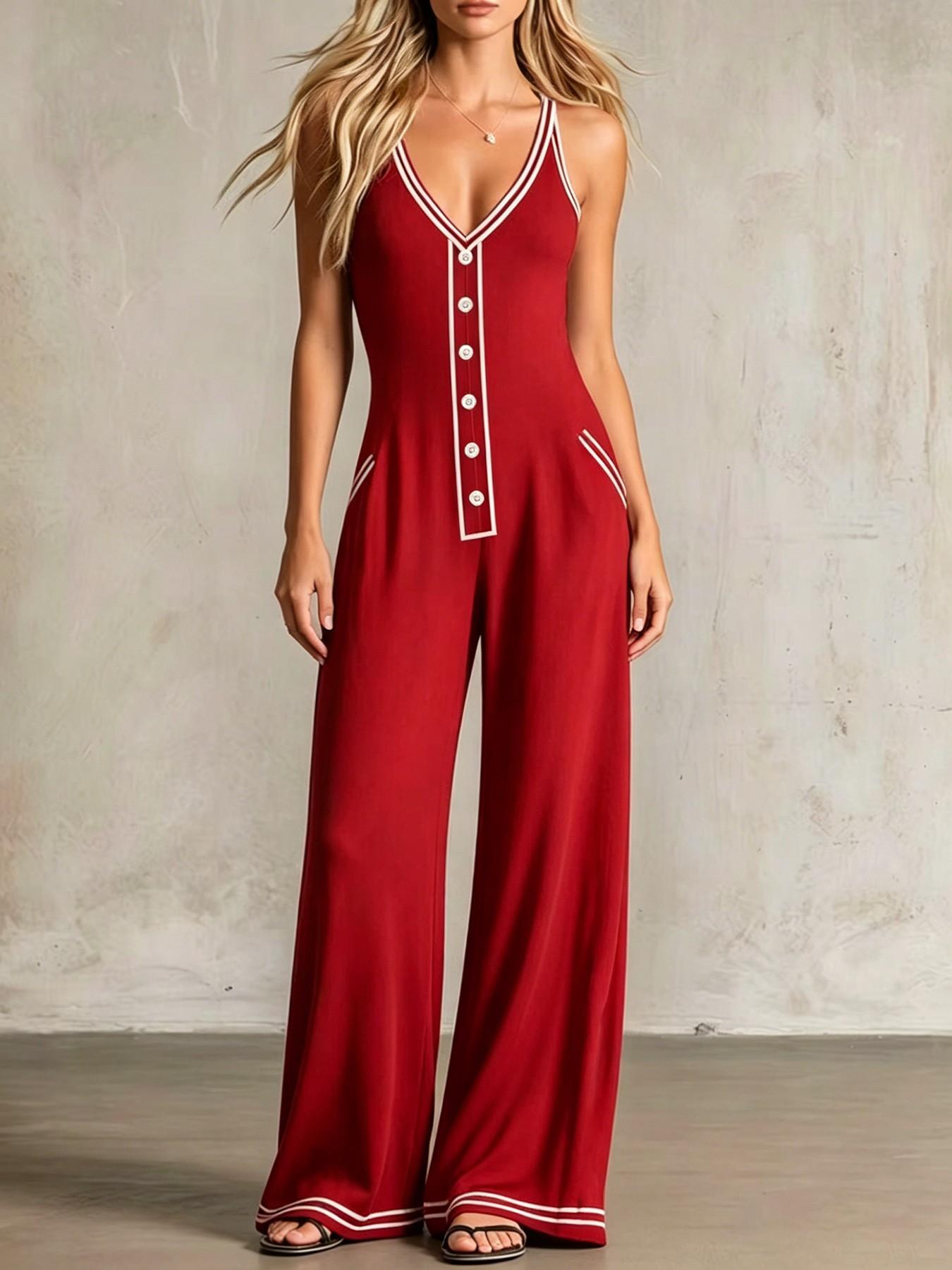 Plus Size Women's Strappy Sleeveless One-Piece Pants, Deep V Neck, Wide Leg, Pocket Design, Casual Summer Jumpsuits, Casual Office Wear, Casual Jumpsuit Overalls, Casual Comfy Jumpsuit, Comfortable and Slimming