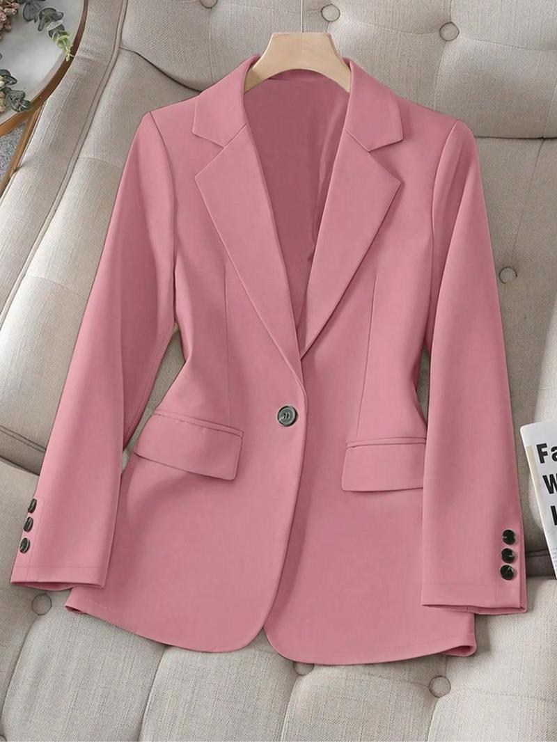 Women's Spring & Fall Solid Color Lapel Long Sleeve Single Button Casual Commuter Blazer Jacket, Fitted Plain Design Women's Spring & Fall Solid Color Lapel Long Sleeve Single Button Casual Commuter Blazer Jacket, Fitted Plain Design