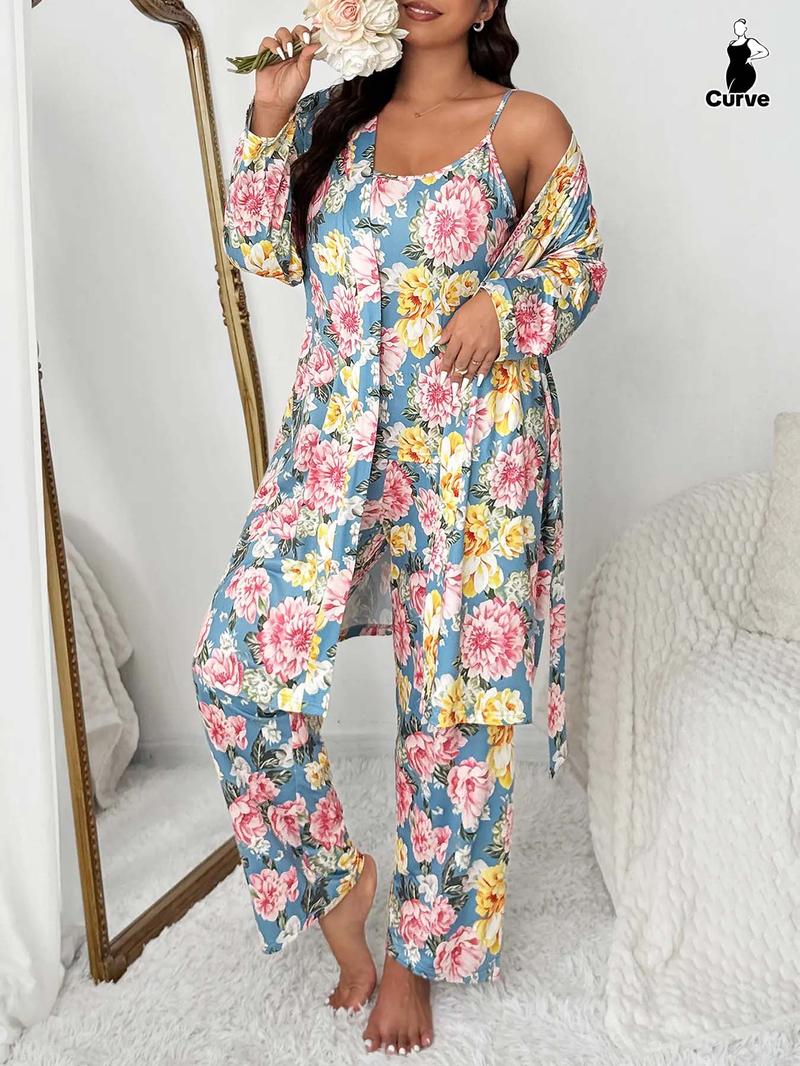【Plus Size】 Three-Piece Set Floral Print Belted Lounge Robe & Cami Top & Elastic Waist Pants Pyjama Set, Drop Shoulder Long Sleeve Robe & Sleeveless Top & Bow Decor Trousers PJ Set, Women's Sleepwear for Fall, Nightwear Lounge Set, Matching Pj Set