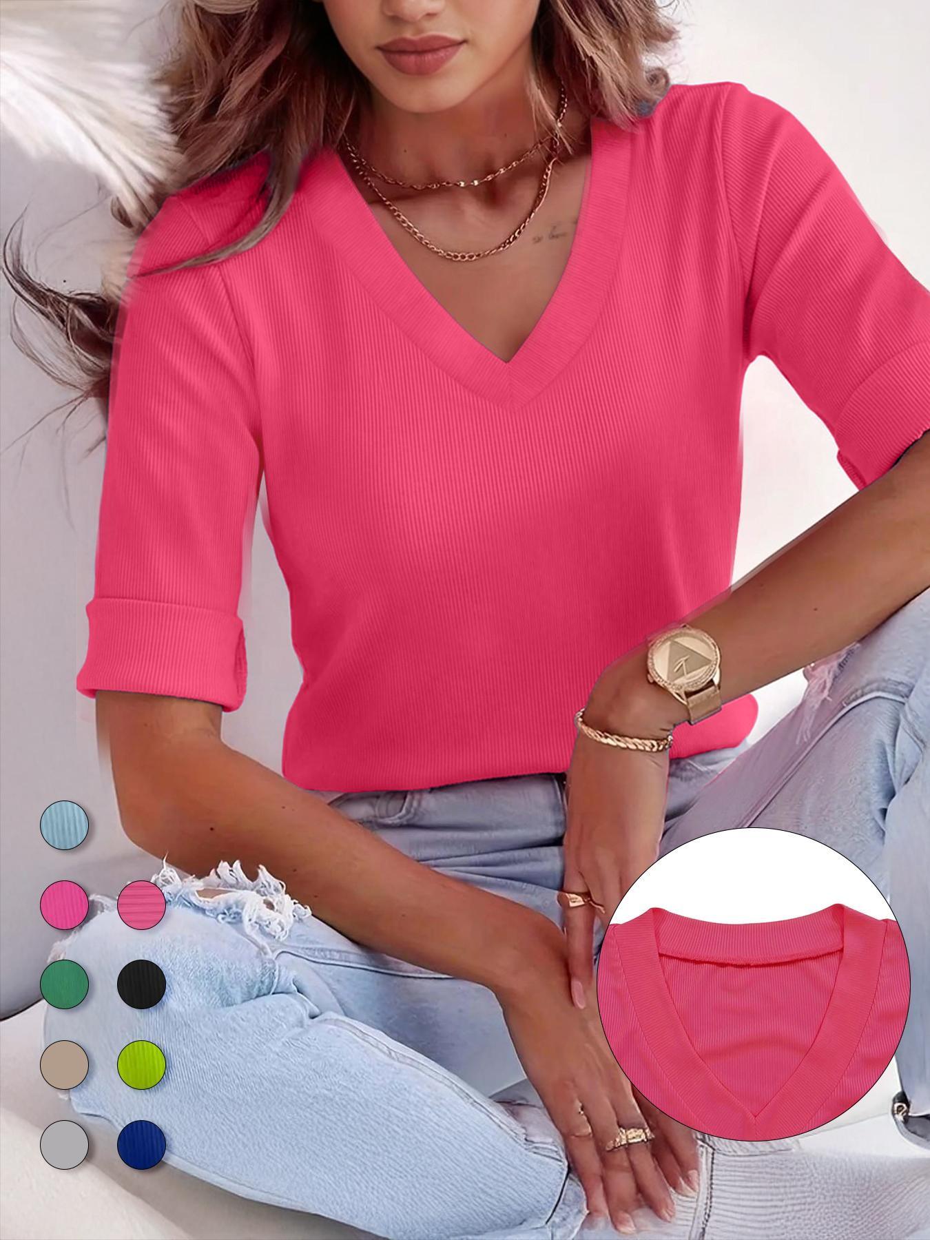 Plus Size Solid V Neck Roll Up Sleeve Tee, Casual Minimalist Streetwear Fitted Soft T-shirt , Women's Plus Clothing for Daily Wear, Everyday Cute Aesthetic Tops, Quality and Durability Jersey, Womenswear