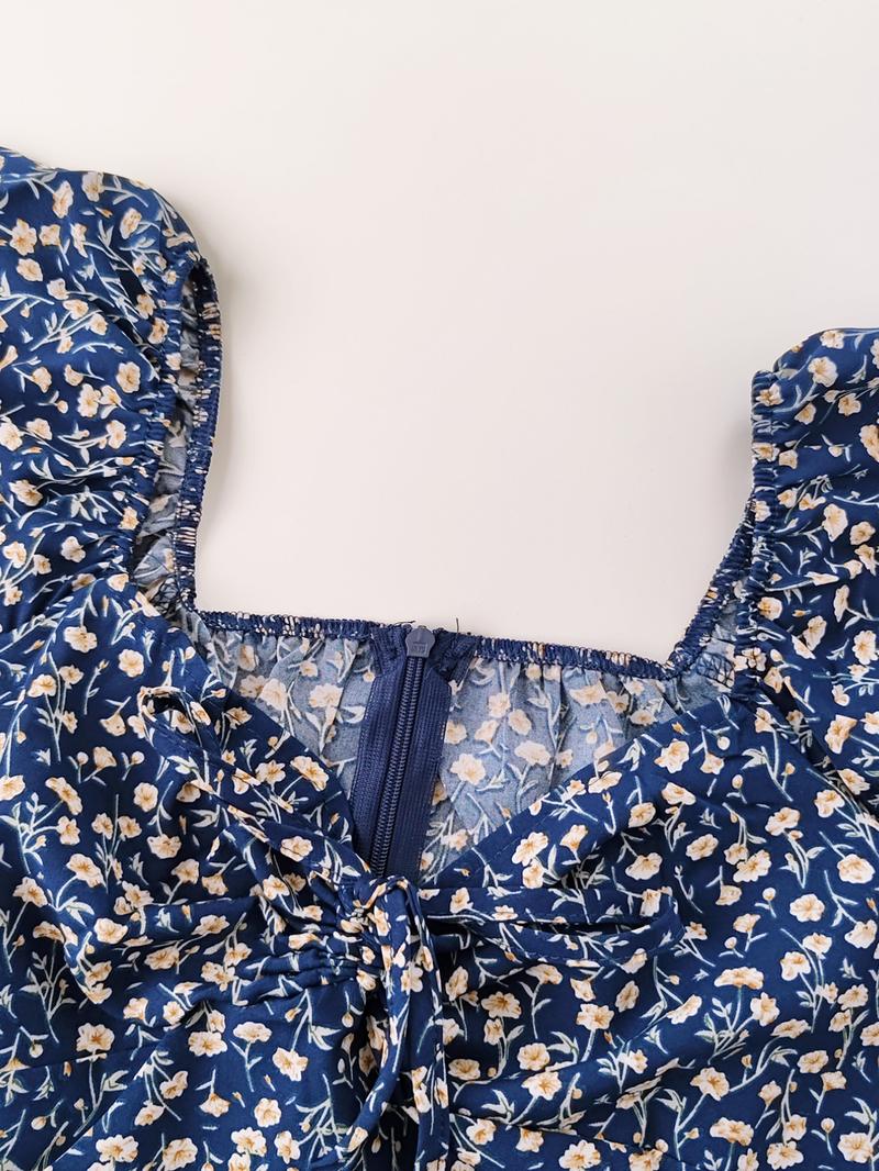 Women's Ditsy Floral Print Tie Front A Line Dress, Summer Outfits 2024, Boho Romantic Frill Sweetheart Neck Short Dress for Beach Vacation Holiday, Frenchy Style Summer Clothes Women