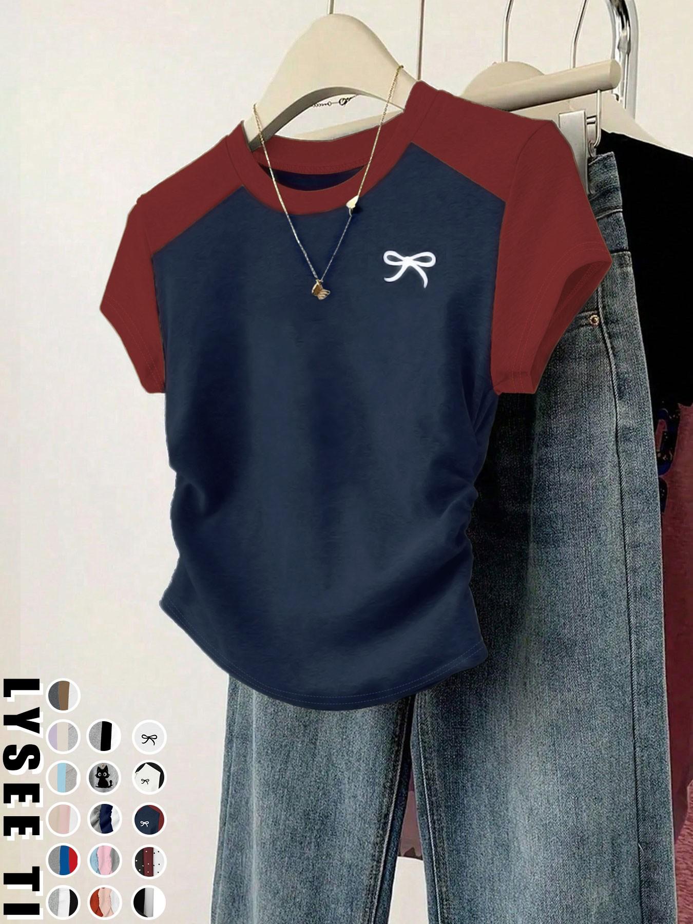 3pcs/1pc women's casual fashion slim fit small bow print details simple solid color pleated pullover shirt women's round neck short sleeved three piece T-shirt