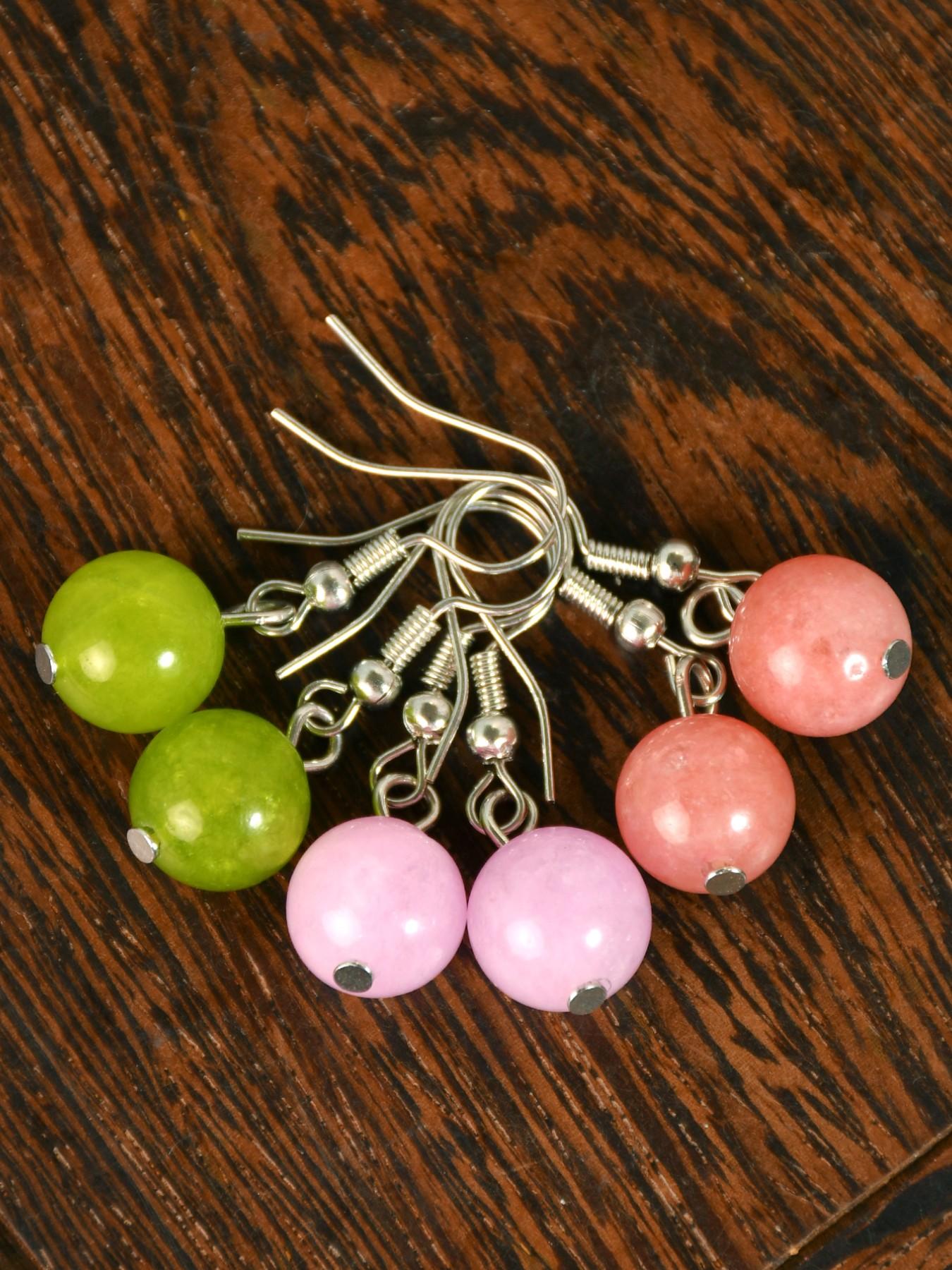 3 Pairs Fashion Natural Stone Earrings, Summer Fresh Peridot & Lavender Quartz & Sunstone, Round Bead Dangle Jewelry, Vacation Accessories