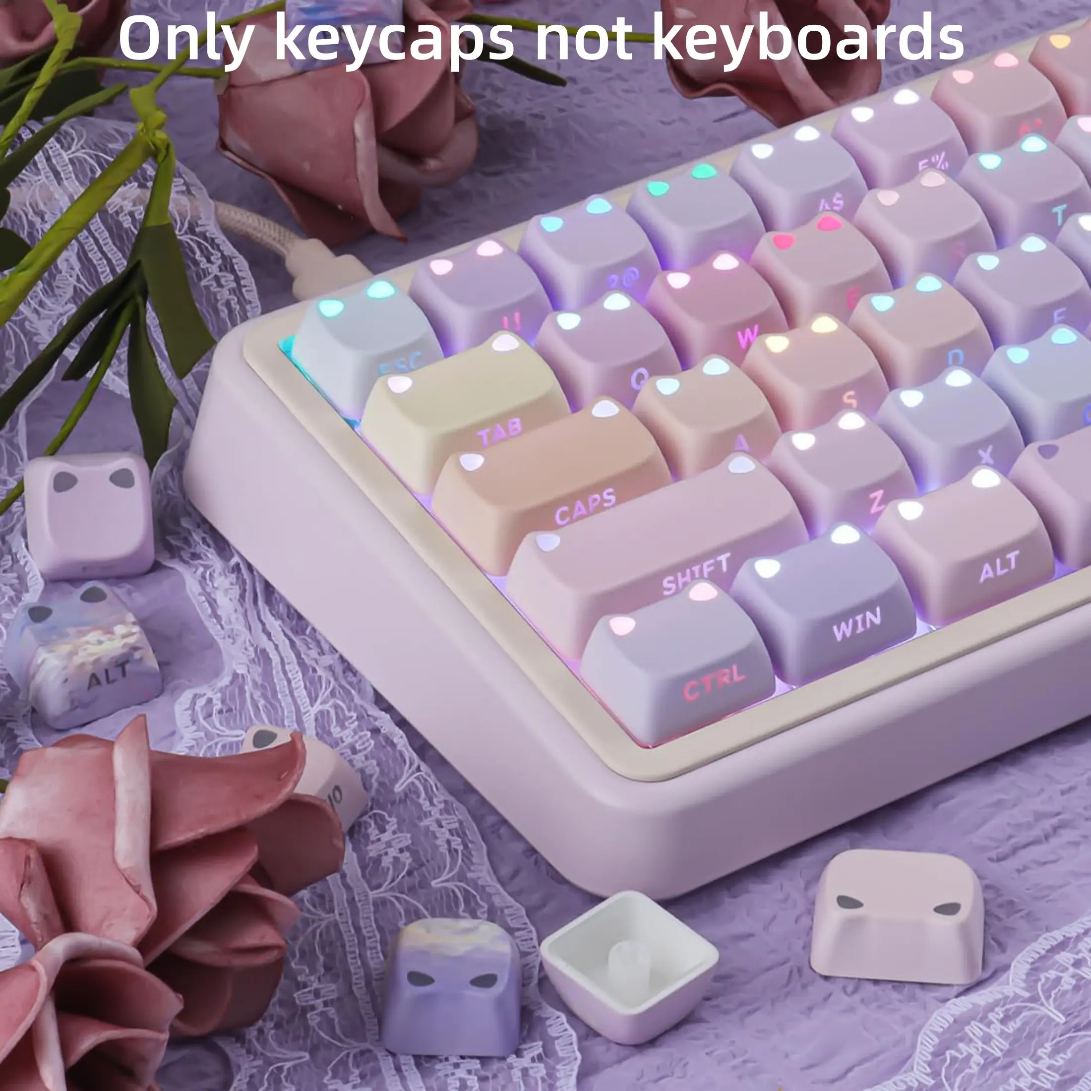 Cute Shine Through Lumicat Keycaps, Mao Profile Purple PBT Keycaps for Mechanical Keyboard, Meow Meow Keyboard Keycap Sets Compatible with 65% 75% 96% 100% Cherry Gateron MX Switches Keyboards