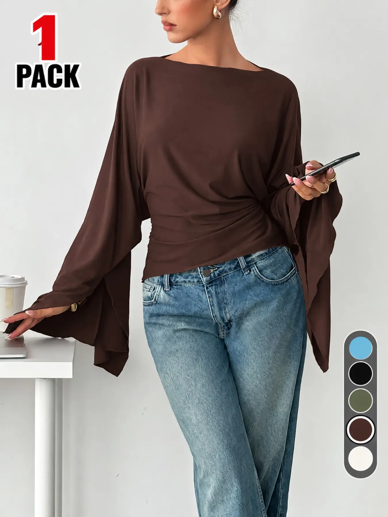 Women Boat Neck Batwing Long Sleeve Blouse, Back Tie Waist Ruched Wrap Top, Loose Flowy Bell Sleeve Shirt, Elegant Casual Streetwear