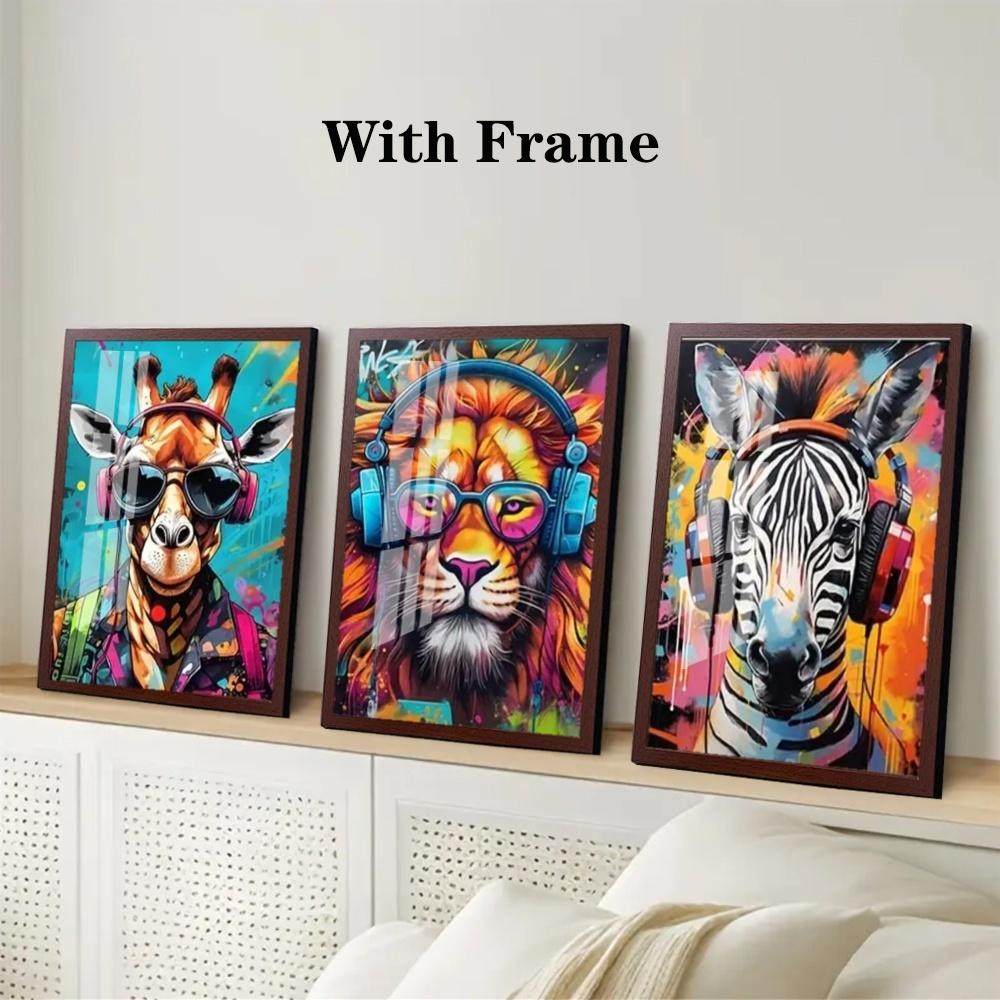 3 Pieces Optional Wooden Frame Cool Graffiti Gamer Headphone Animal Wall Poster Minimalist Wall Art Print Canvas Painting Wall Poster Living Room Home Decor Color Accurate Reproduction Hanging Painting Flat Anti-Wrinkle Art Canvas