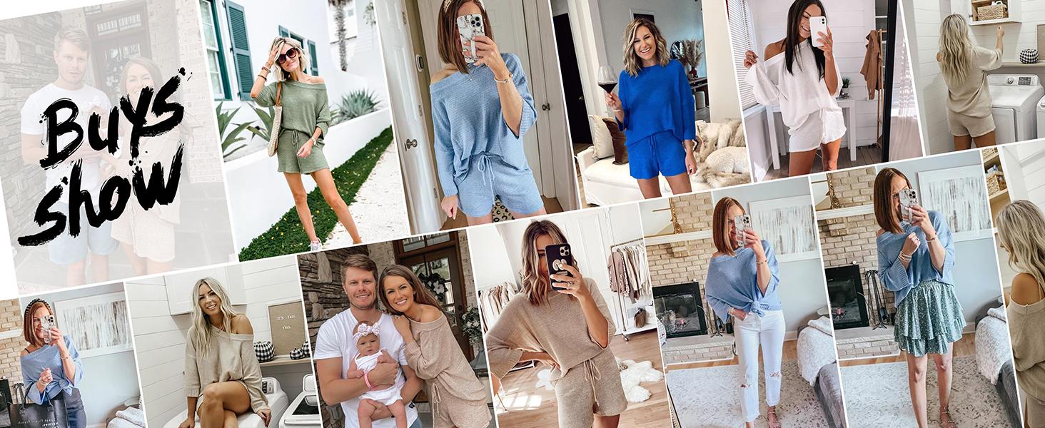 Goranbon Womens 2 Piece Knit Outfits Off Shoulder Sweater Tops Shorts Lounge Pajamas Set Summer Suit