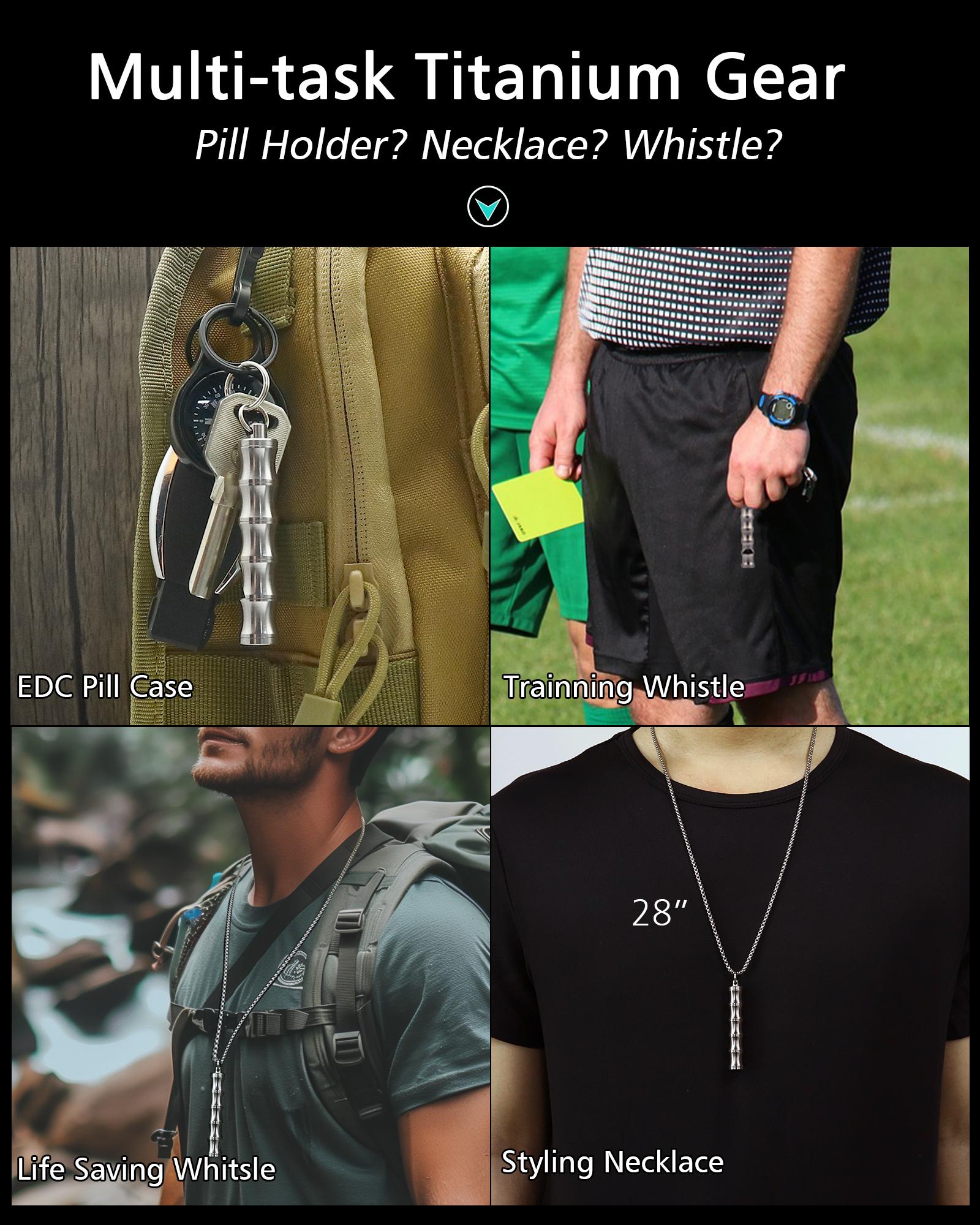 PJYTAC Titanium Pill Holder Necklace Emergency Whistle Mini EDC Pill Container Pendant for Holding Small Things