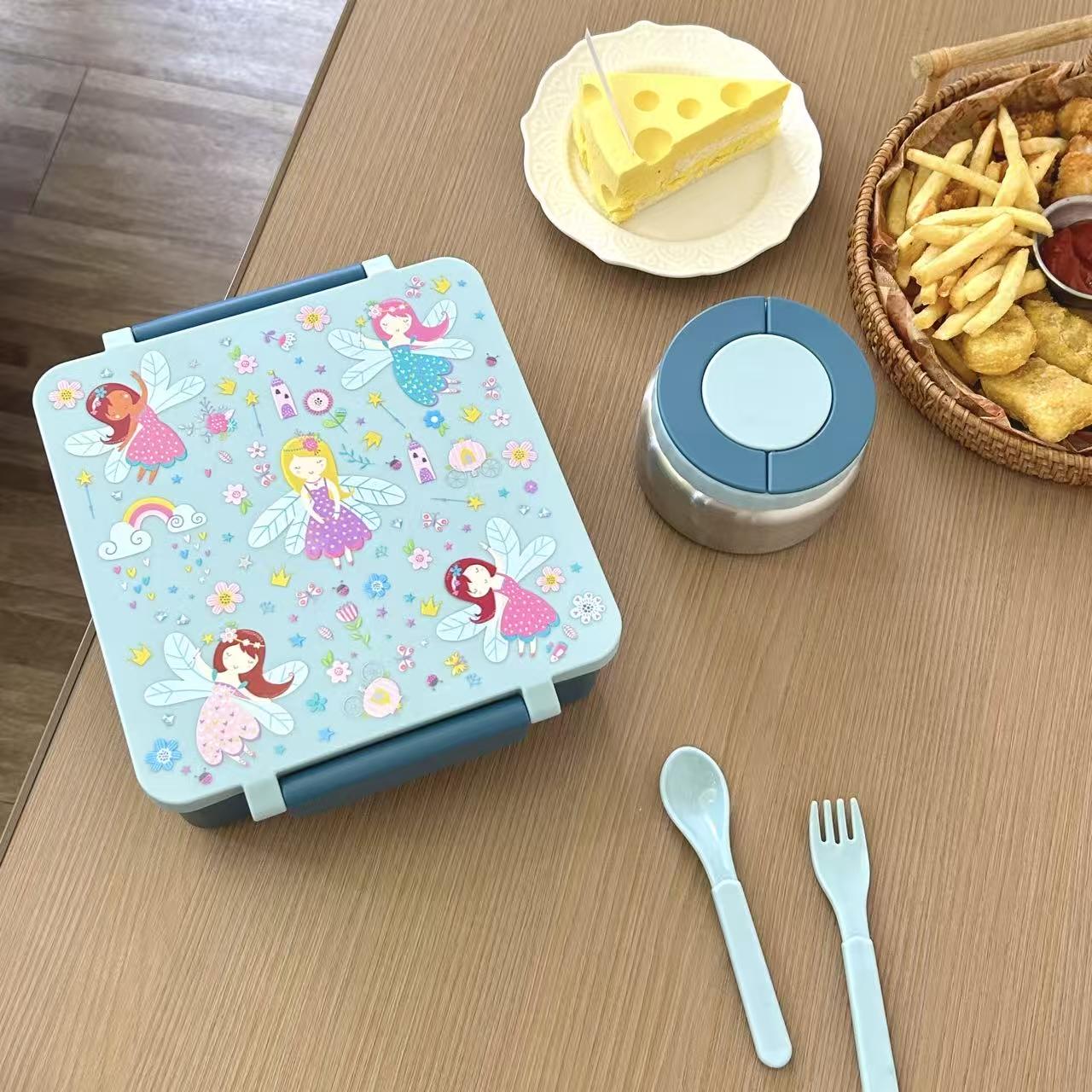 Bento Lunch Box Set for Kids🍗🥦🍓🍰🍲 with 9.5 oz Soup Thermo, Leak-Proof Lunch Containers with 4 Compartment, Kids Thermo Hot Food Jar ，BPA Free ， Utensils for Girl Boy School, Microwave Dishwasher Safe