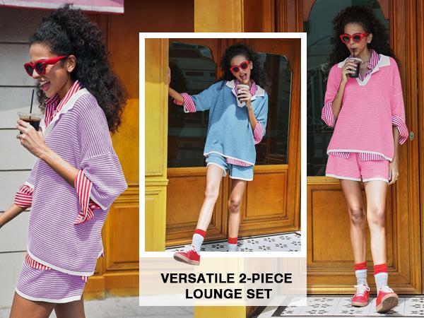 Tankaneo Womens Sweater Set 2 Piece Outfits Oversized 3/4 Sleeve V Neck Knit Tops High Waisted Shorts Lounge Sets