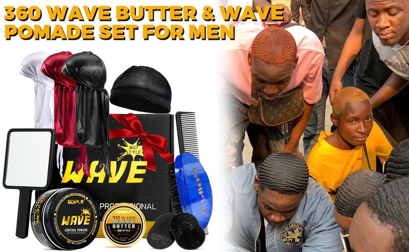 【Valentinesdaygift】Strong Hold Wave Pomade Gel for Men - Easy Wash 360 Wave Cream, Moisturize , Silky Shine, Brush & Durag Cap Set Versatile Styling Haircare Nourishing FathersGift