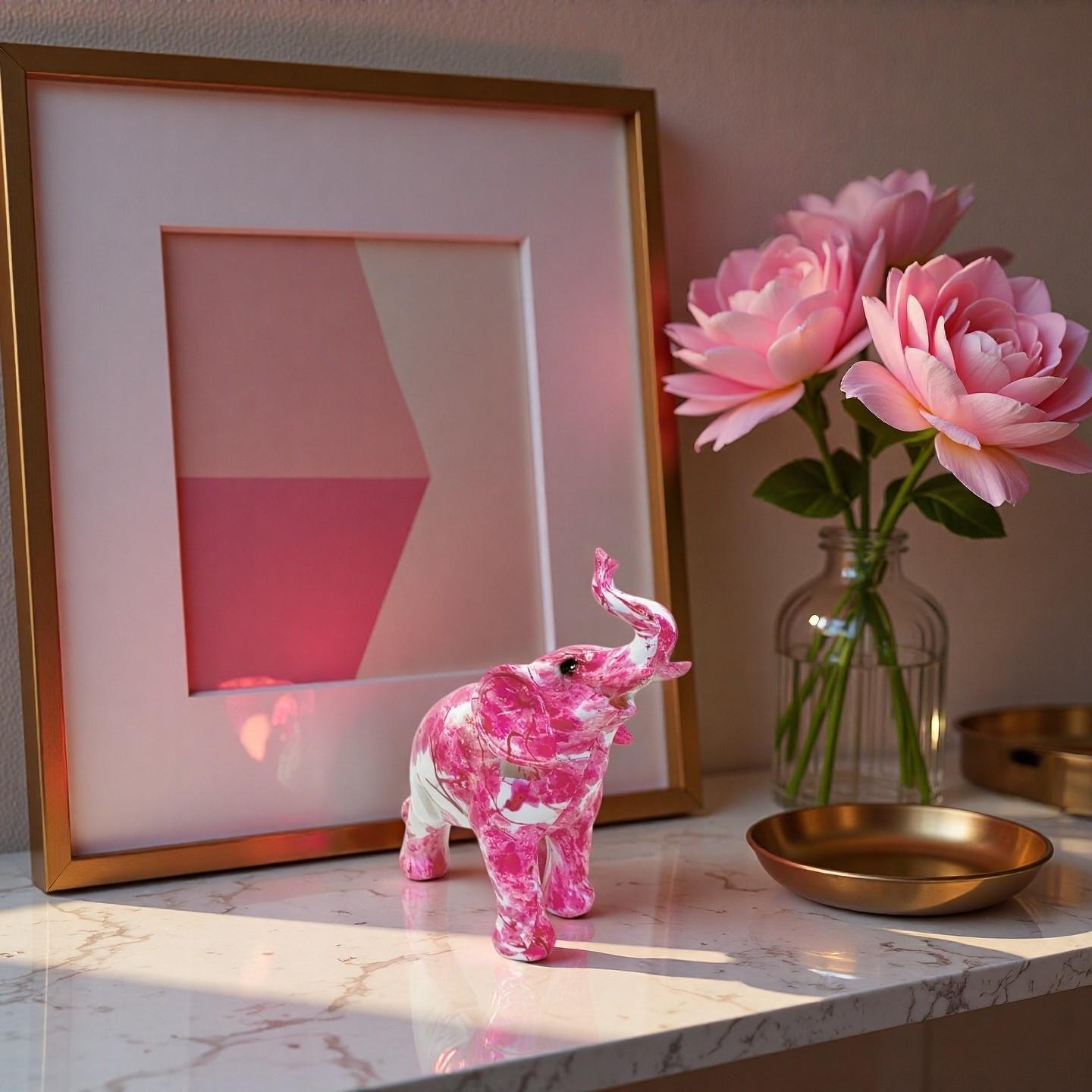 Nordic Style Rose Ink Art Elephant Resin Figurine, Modern Luxurious Home Decor Office Desktop Ornament, New House Personal Gift