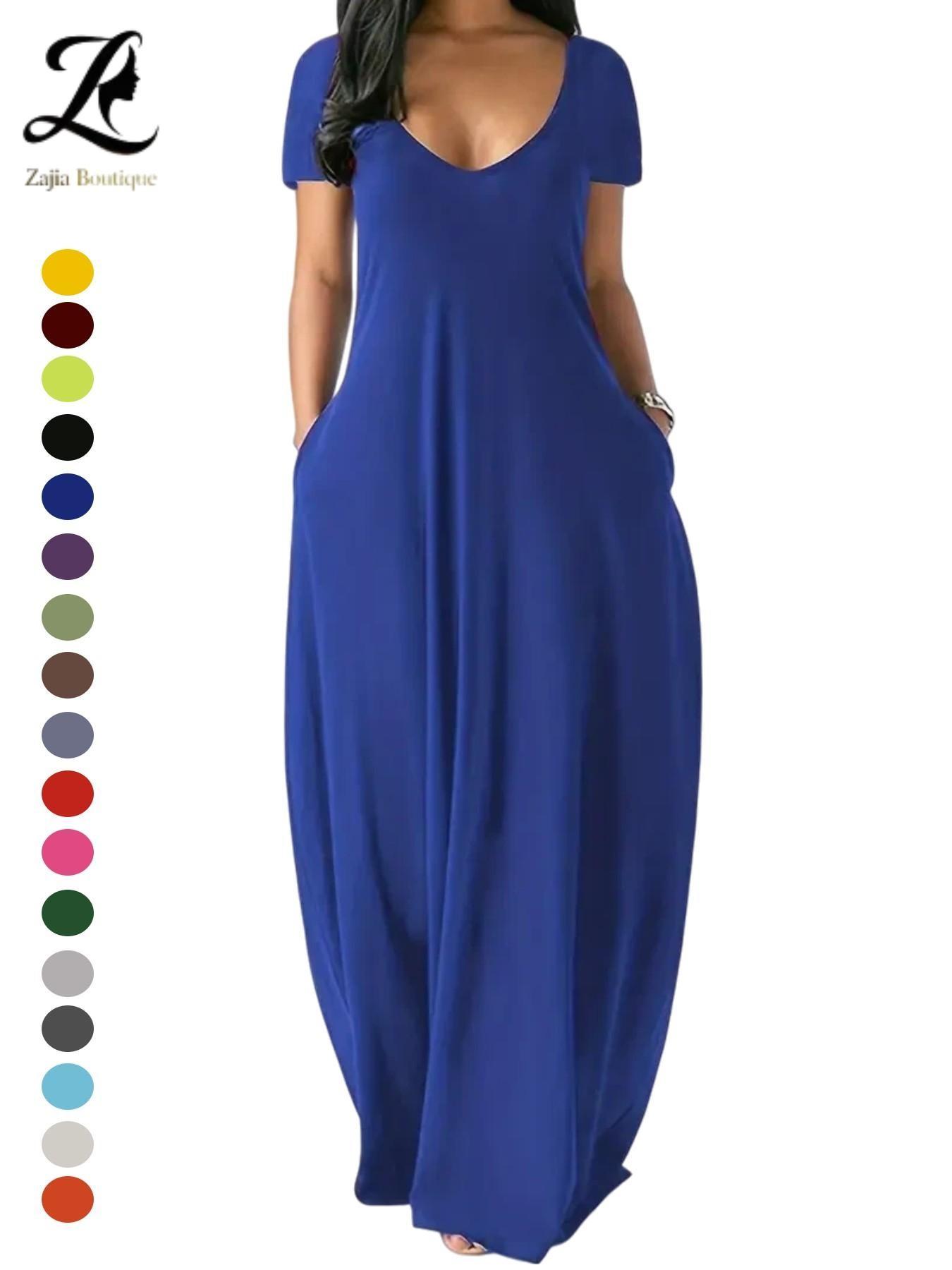 Women's Long Dress 2026, Coffee Color Everyday Casual Round Neck Short Sleeve Pockets Sleepwear, Soft Comfortable All-Season Dress