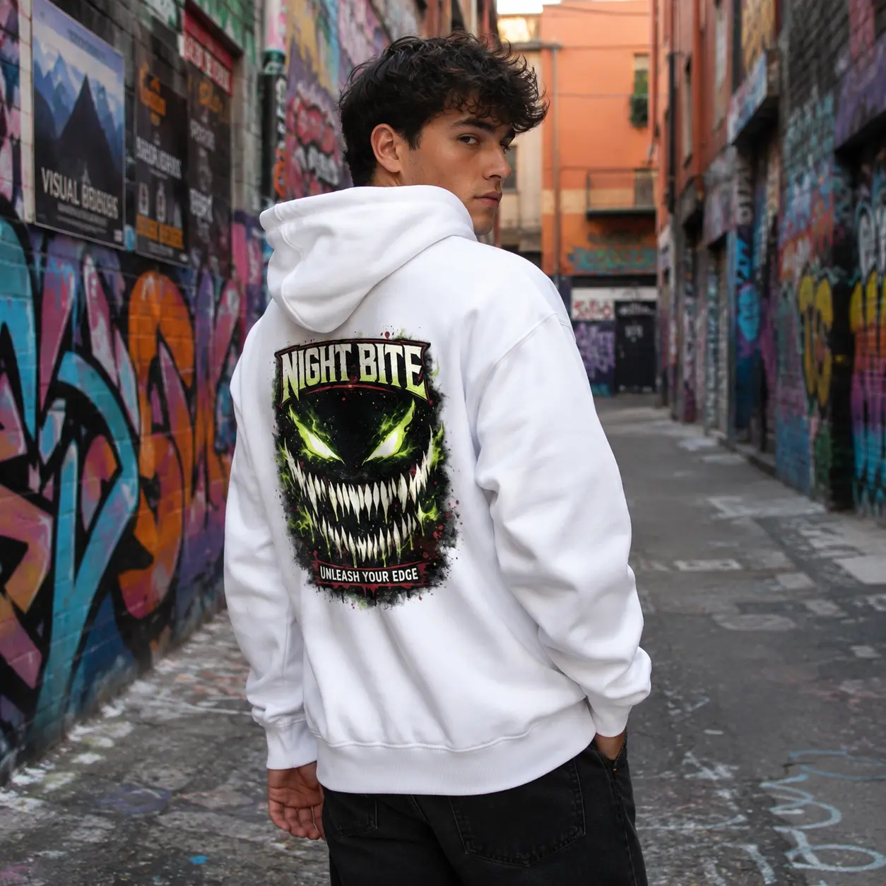 Night Bite Graphic Hoodie, Horror Monster Streetwear Sweatshirt, Dark Gothic Pullover Hoodie with Creepy Alien Face Print, Oversized Casual Unisex Hoodie for Men and Women
