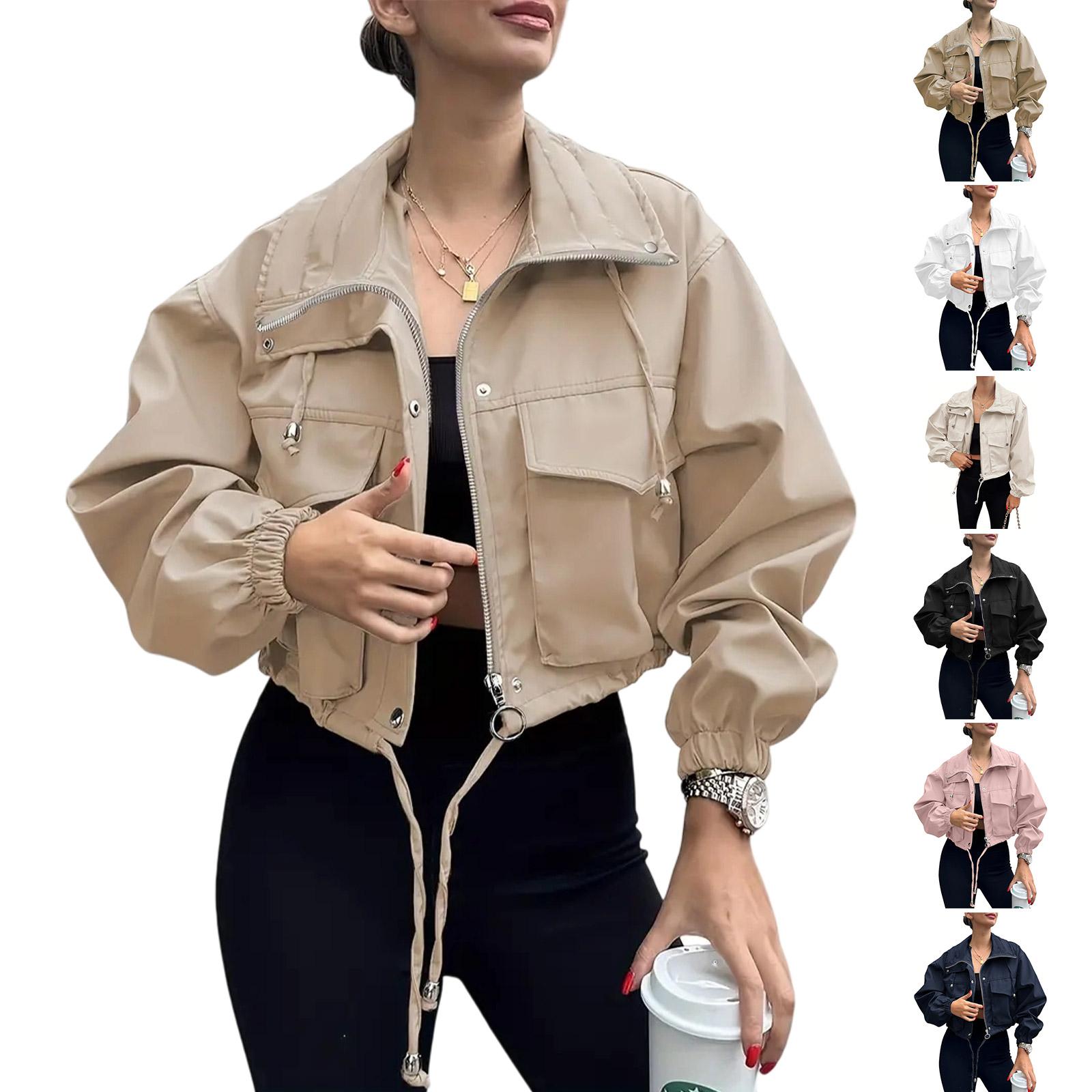 ASWULK Women's Cropped Jacket Zip Up Lightweight Oversized Utility Coat with Pockets for Spring and Fall Wear Adjustable Drawstring Snap Button Zipper