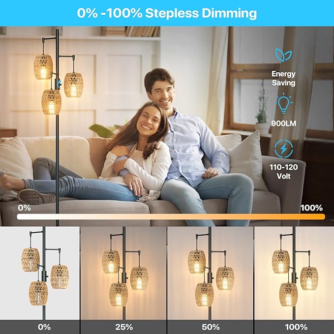 GLITGATE Rustic Standing Lamp with Foot Switch, Dimmable Boho Floor Lamp, 70 Inch Tall Floor Lamp with 3 Rattan Shades, Bohemian Floor Lamps Gracefully Standing for living room, bedroom, dining room, and office