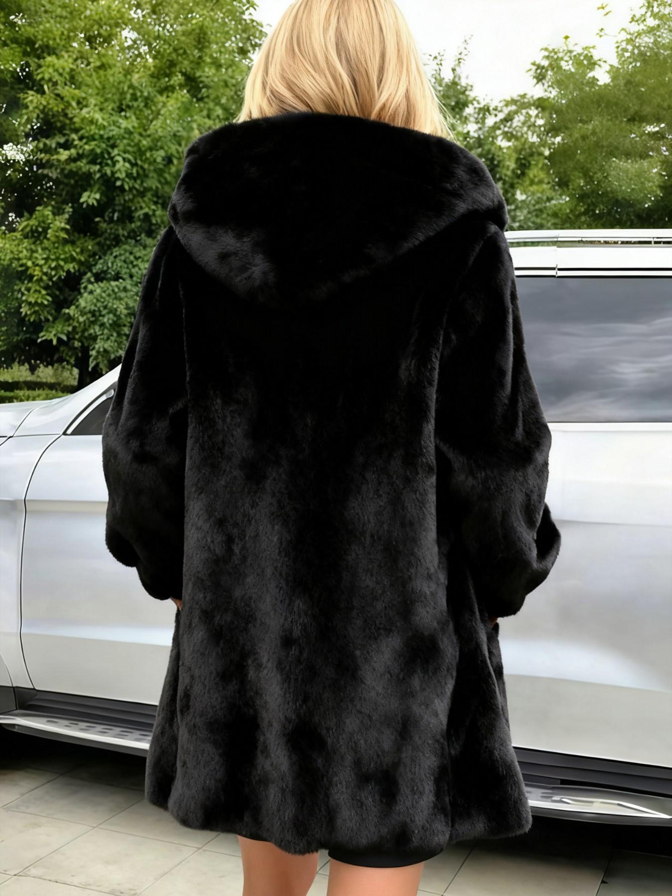 Women's Hooded Faux Fur Coat, Loose Mid-Length Luxurious Plush Jacket, Soft Puffy Texture, Elegant Fall Winter Outerwear