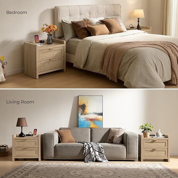 SICOTAS Night Stand Set of 2 - Rattan Nightstands with Type-C Charging Station &  Rattan Drawer - 15.4" x 23.6" x 22.1" Boho Bed Side End Table for Small Apartment Living Room Bedroom, Sturdy and Durable