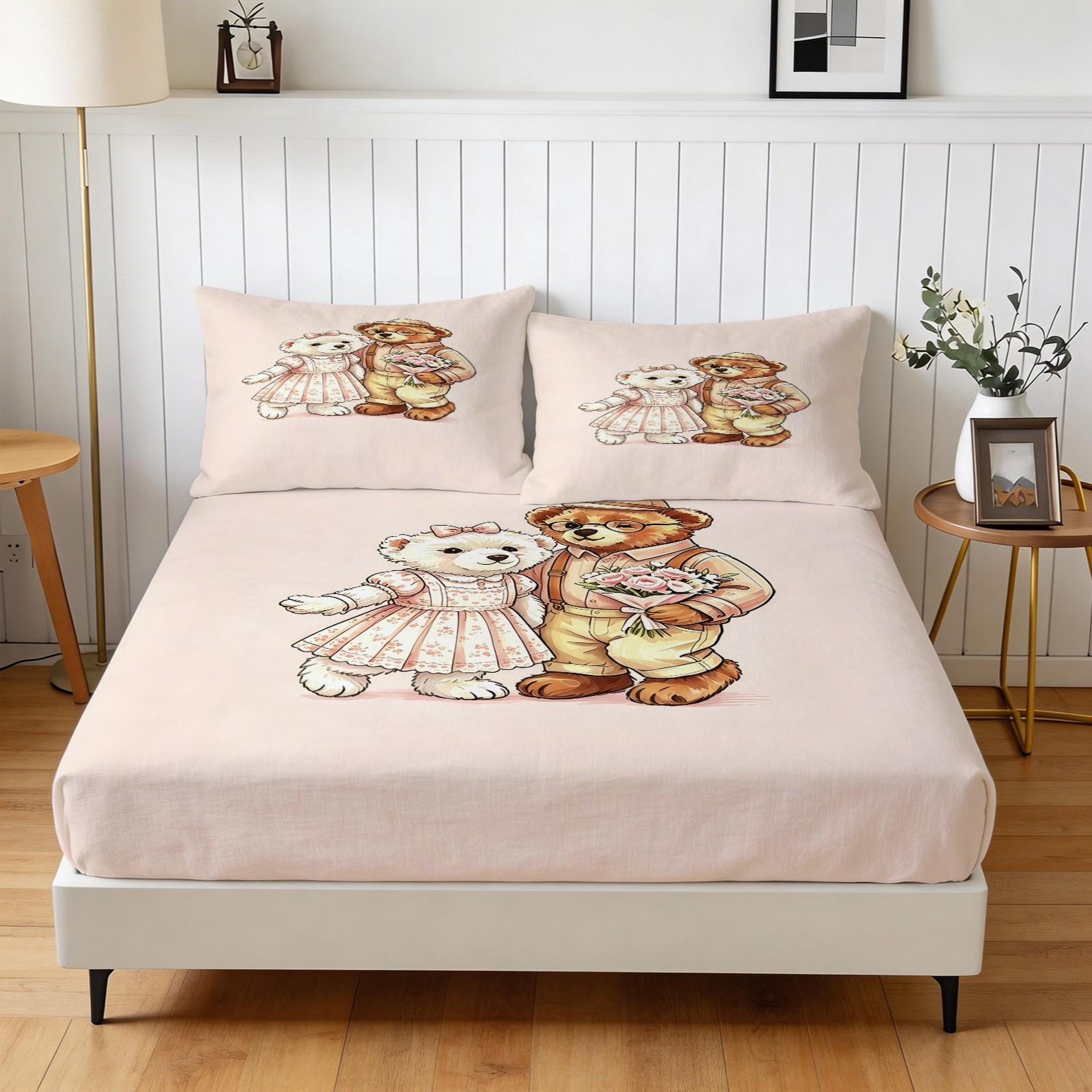 Casual Couple Bear Fitted Sheet Set, Soft Skin-Friendly, 3 Pieces (1 Fitted Sheet + 2 Pillowcases), Deep Pocket, Cute Bear Print, Pink Bedding for Girls Teens Bedroom, Aesthetic Room Decor, All Seasons