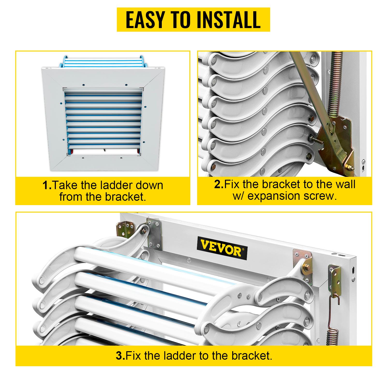 VEVOR Attic Steps Pull Down 12 Steps Attic Stairs Alloy Attic Access Ladder, White Pulldown Attic Stairs, Wall-mounted Folding Stairs for Attic, Retractable Attic Ladder with Armrests, 9.8 feet Height