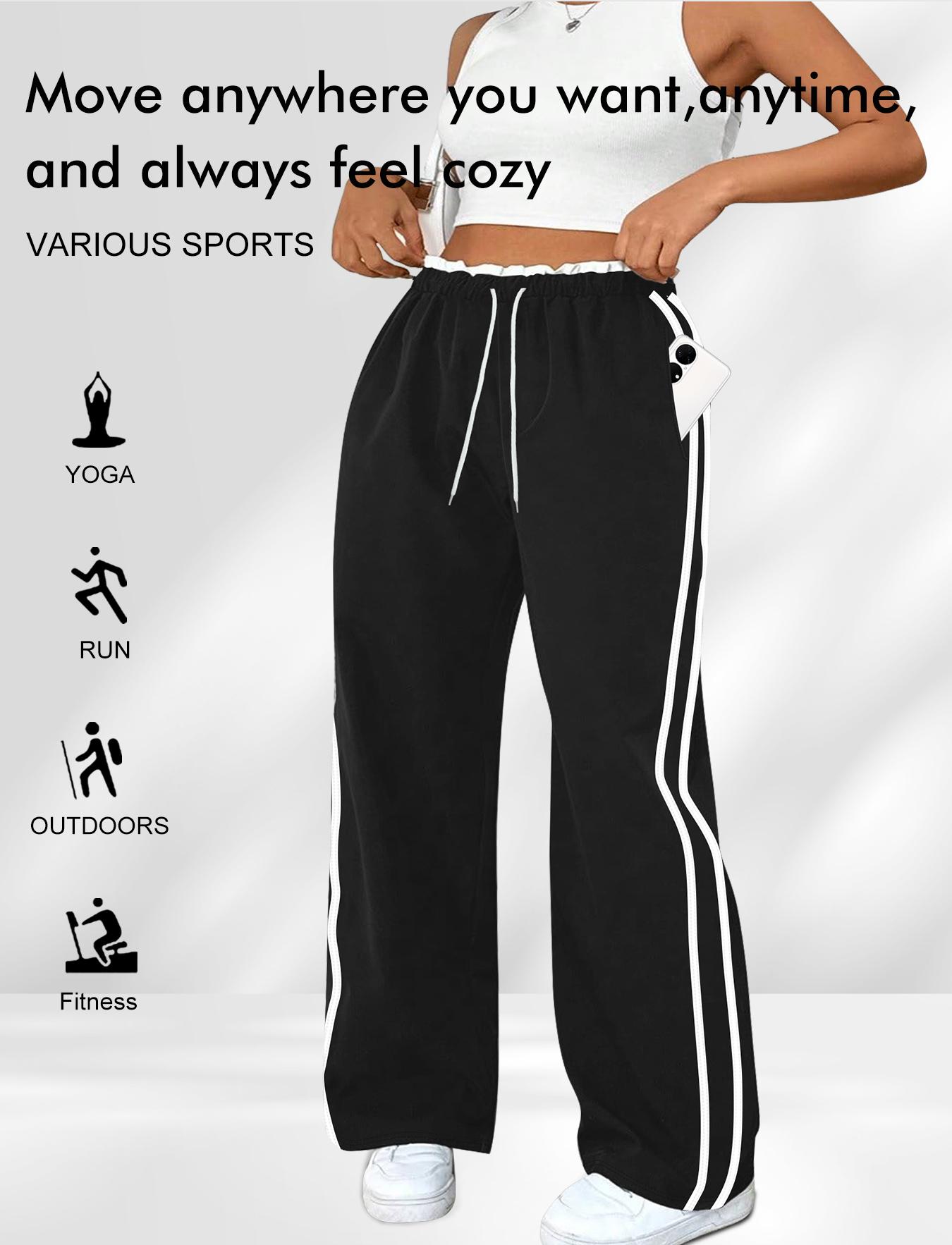 Plus Size Women's Wide Leg Pants, Drawstring Waist Design, Lace Waist Detail, Pockets, Side Stripes, Suitable for Various Occasions, Wide Legged Pants