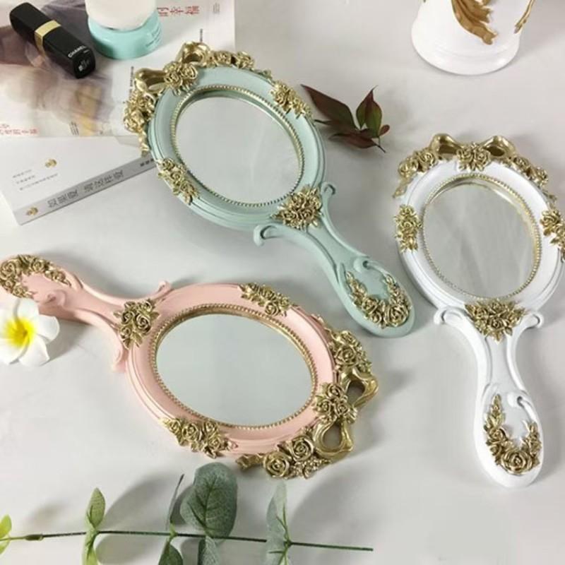 Portable Handheld Makeup Mirror, Travel Princess Style Metal Beauty Mirror, Oval Rose Embossed, Desktop Decor, Vintage Handle, Photo Props, 3-Piece Set