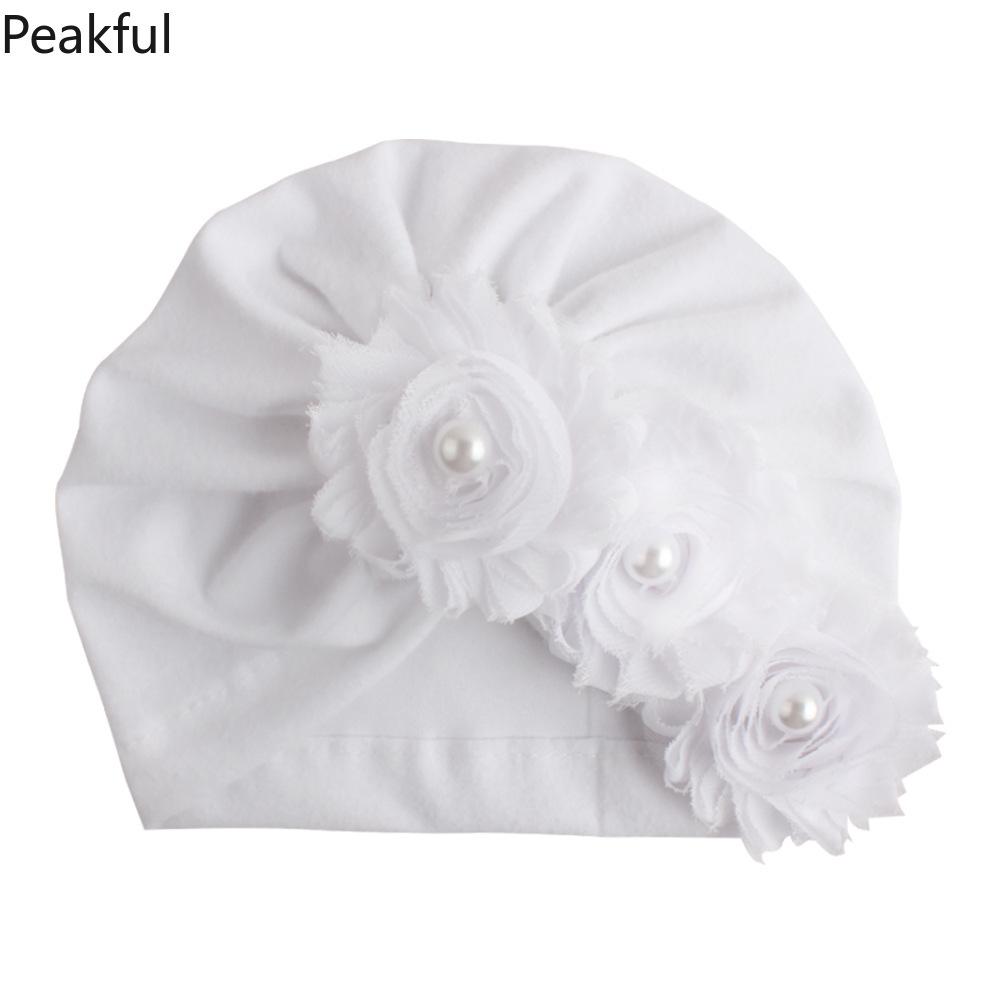 Kids Floral Pearl Decor Turban Hat, Popular Soft Cotton Baby Headwear, Elegant Toddler Headwrap, comfortable elastic design & charming flower details, great for casual outings, birthday parties and newborn photography