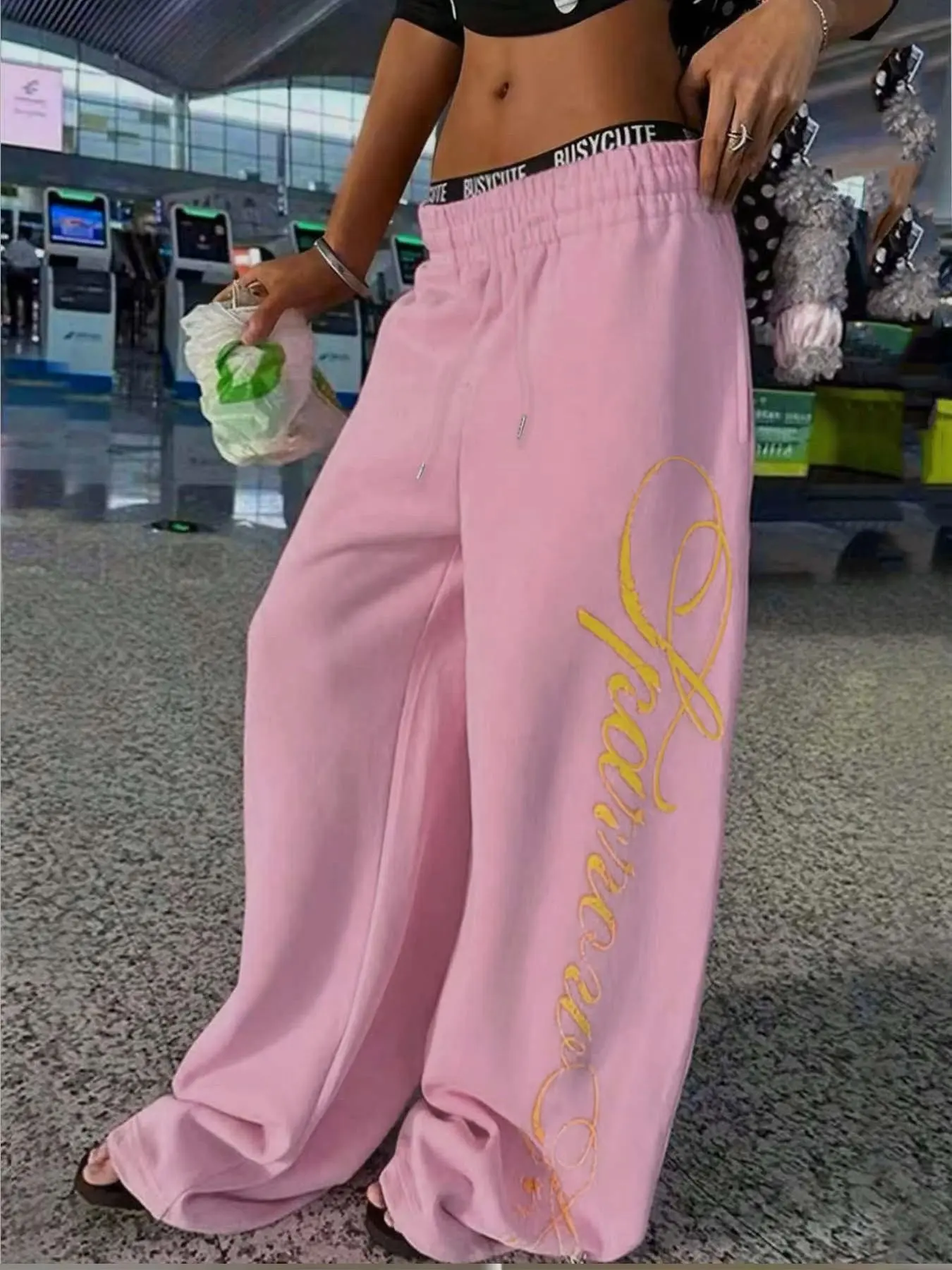 Waist Letter Gold Foil Calligraphy Wide Leg Sweatpants, Loose Fit, Loose Fitting Sweatpants, High Waist Adjustable Drawstring, High Waisted Sweatpants, Casual Style, Breathable Fabric, Graphic Sweatpants