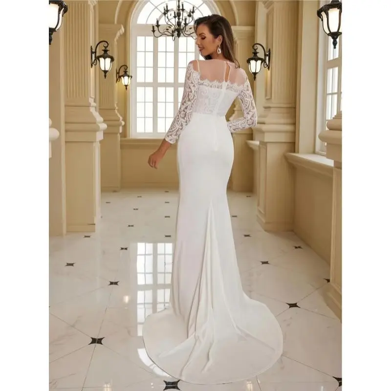 Elegant V-Neck Long Sleeve Gown for Women - Solid Color Jersey Material, Perfect for Weddings and Formal Events, Chic White Minimalist Bridal Outfit