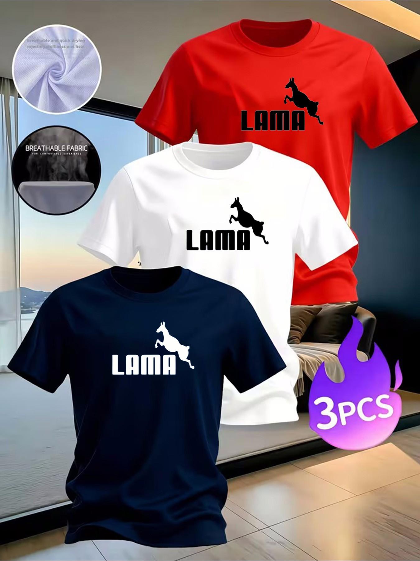 3-Pack Men's "LAMA" Animal Graphic T-Shirts - Casual Breathable Quick-Dry Tees for Daily & Streetwear