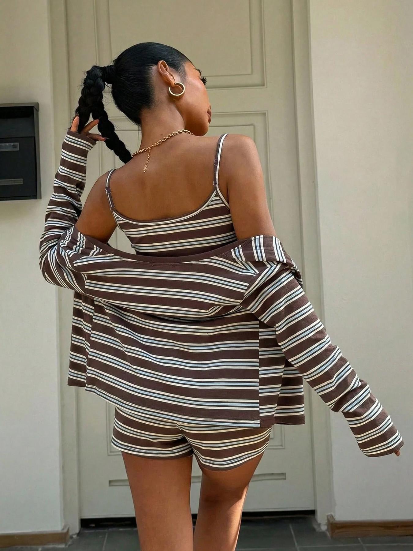 3pcs/Set Striped Knit Women's Casual Striped Tank Top， Long Sleeves Cardigan And Shorts Set, Millennial Sweet Style, Streetwear Lounge, Ladies Three-Piece Ensemble, Outfit