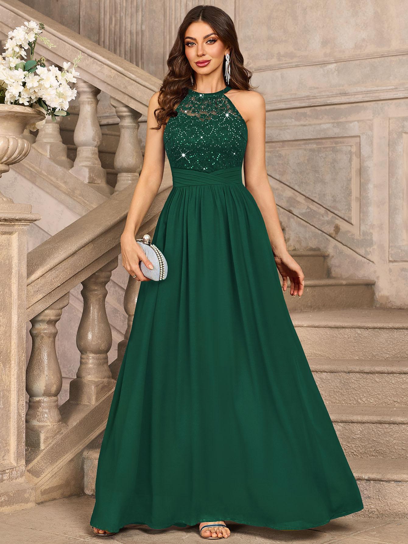 MIUSOL 24447A Women's Sequin Lace Sleeveless Halter Tie Back Ruched Waist Design Formal Evening Gowns Maxi Dress for Formal Event, Evening Party, Banquet, Festival, Quinceaneradress, Bridesmaid Dress