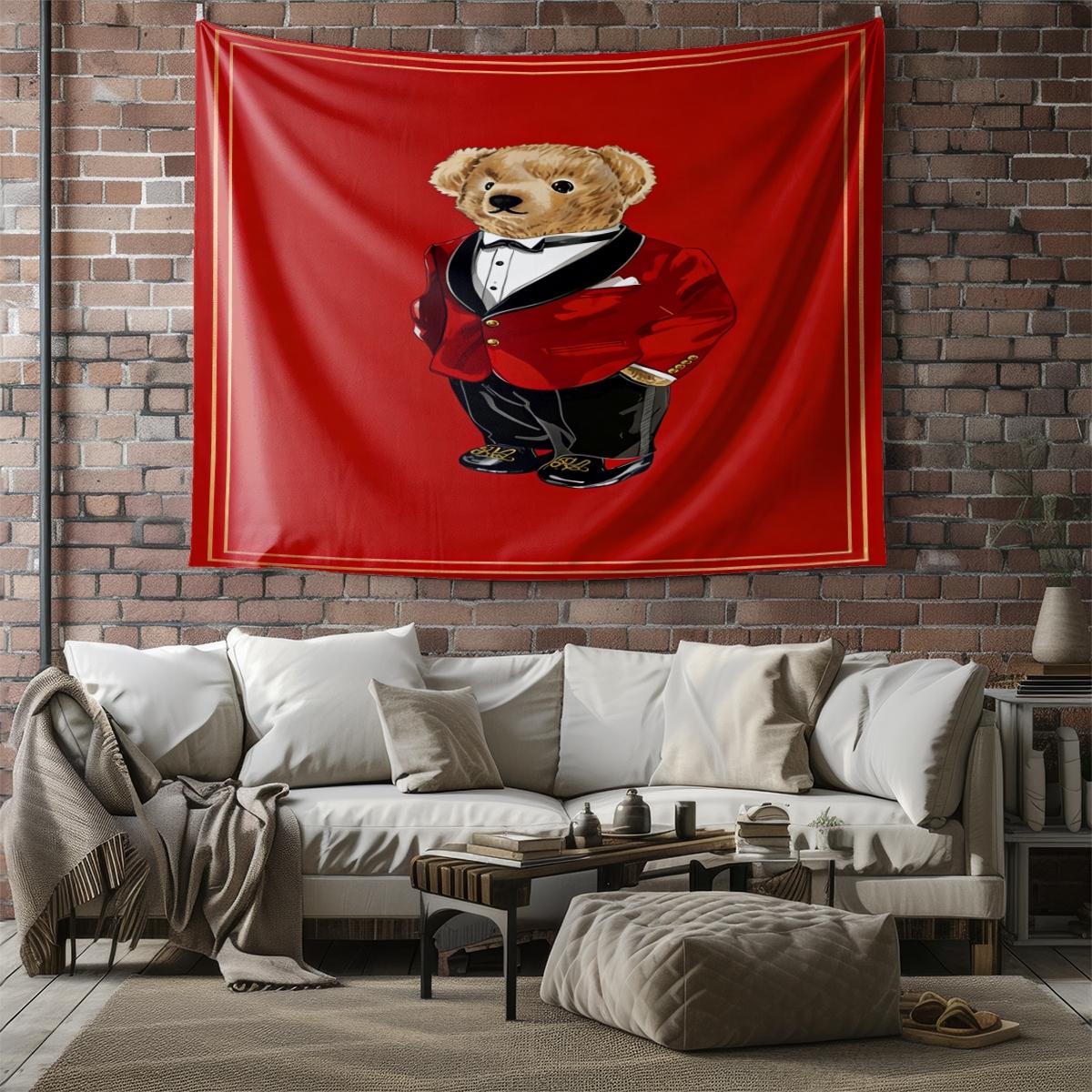 Vintage American Polo Bear Tapestry, Red Gentleman Bear Multi-Style, Wrinkle-Resistant, Wall Hanging Decor for Living Room Bedroom Backdrop