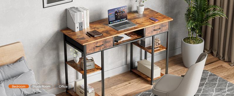 Computer Desk with 2/3 Drawers 32/48 Inch Small Home Office Bedroom Writing Study PC Tabke with Storage Space Fabric Side Bag Headphone Hook Metal Frame Adjustable Feet Modern Simple Style