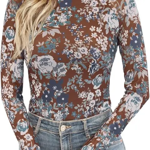 【Black Friday】Women's Floral Pattern Long Sleeve Mesh Tee, Fashion Casual Long Sleeve Mock Neck T-shirt for Daily Wear and Outdoor Activities, Ladies Clothes for Spring & Fall, Feminine Top