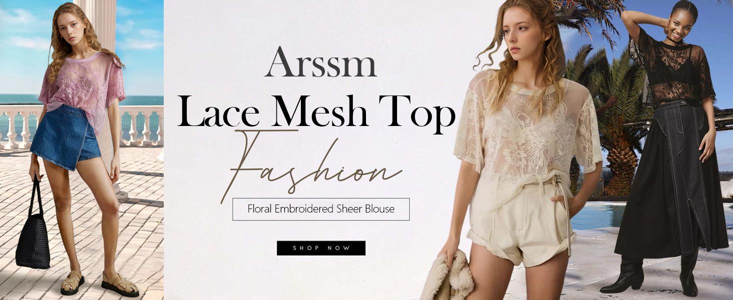 Yimoon Womens Lace Mesh Top Short Sleeve Floral Embroidered Sheer Blouse Sexy See Through Lace Layering Shirts