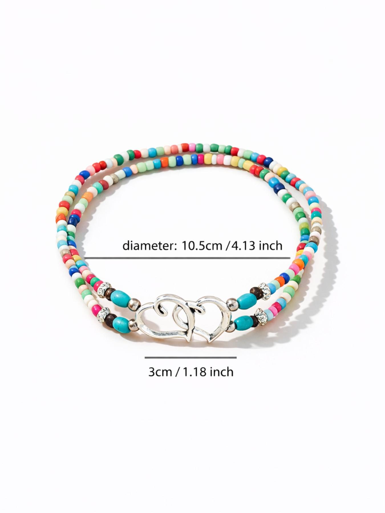 Fresh and Simple Beach Summer Double Heart Rice Beads Anklet, Multilayer Beaded Anklet for Women, Daily Casual Wear, Valentine's Gift