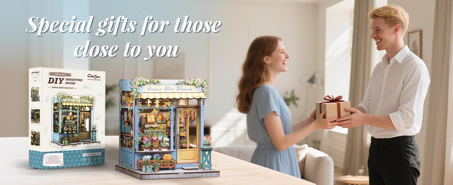 CUTEBEE Anna's Blue Blossom DIY LED Book Nook Wooden Miniature Bookcase with Dust Cover Perfect Gift for Black Friday & Christmas