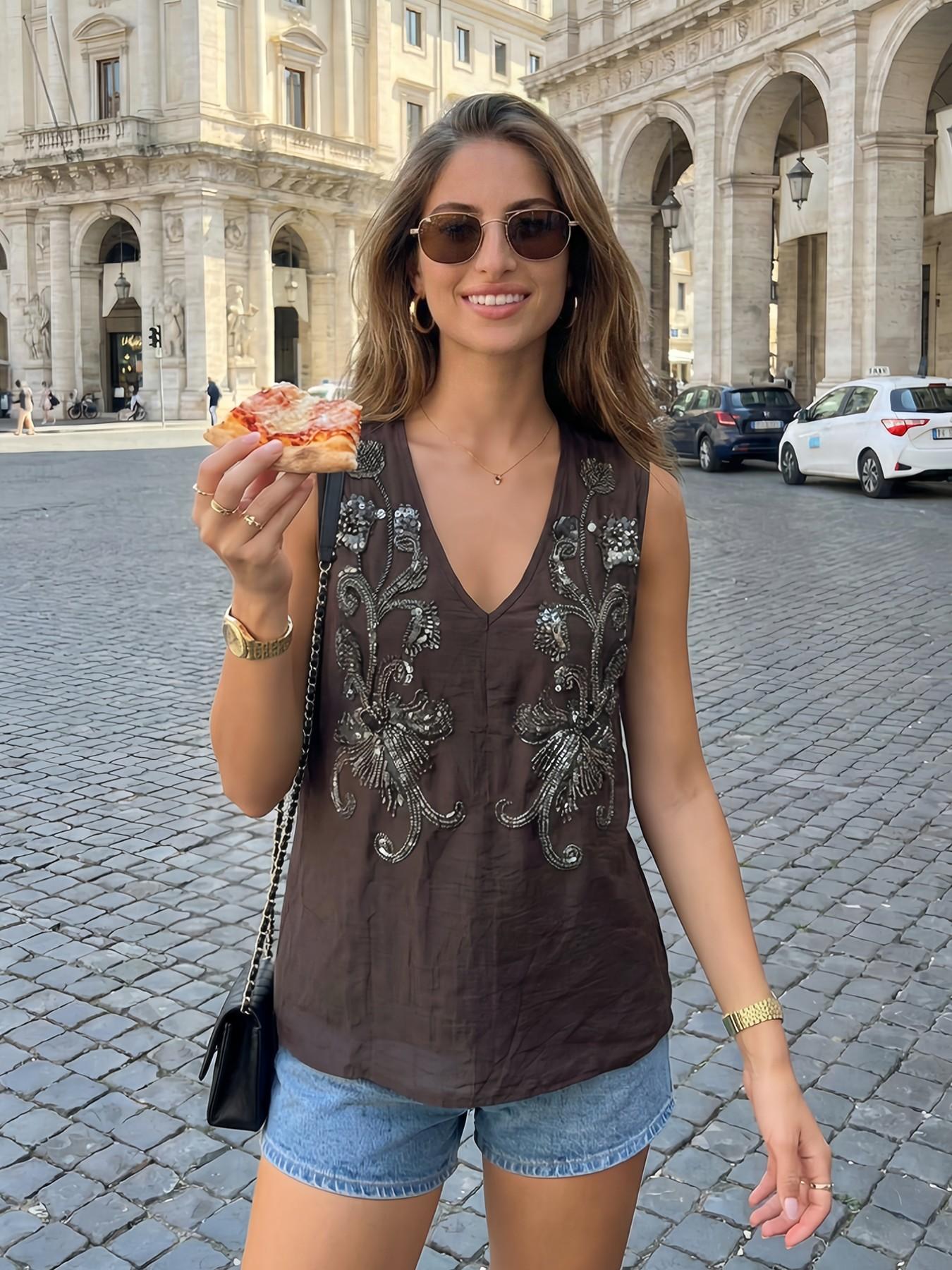 Women's V-Neck Sleeveless Top, French Vintage Style Embroidered Sequins Design, High-Quality Fashionable Summer Wear