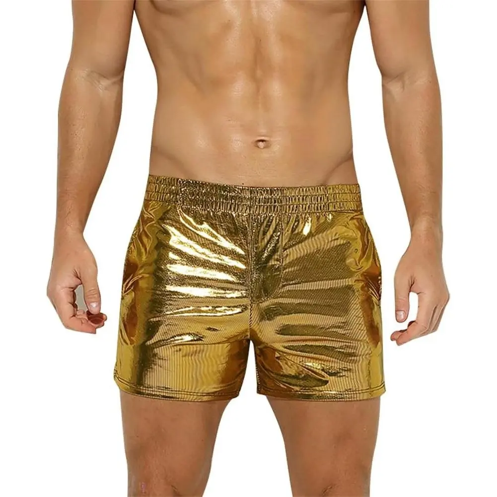 Men's Holographic Shiny Metallic Swim Trunks - Short Length, Hot Pants Look, Boxer Briefs Style, Stage & Club Events Swimwear