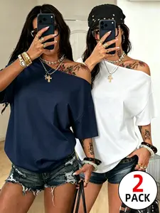 2 Pack Women TikTok Viral Y2K Off The Shoulder Oversized T Shirts, Casual Slant One Shoulder Short Sleeve Loose Fit Basic Tees, 2026 New Grunge Vintage Streetwear Tops,Daily Casual Wear, Club Night, Country Concert & Beach Vacation,