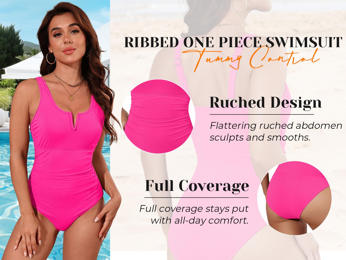 Tempt Me Womens One Piece Swimsuit - Tummy Control Bathing Suit V Wired Ribbed Full Coverage Swimwear