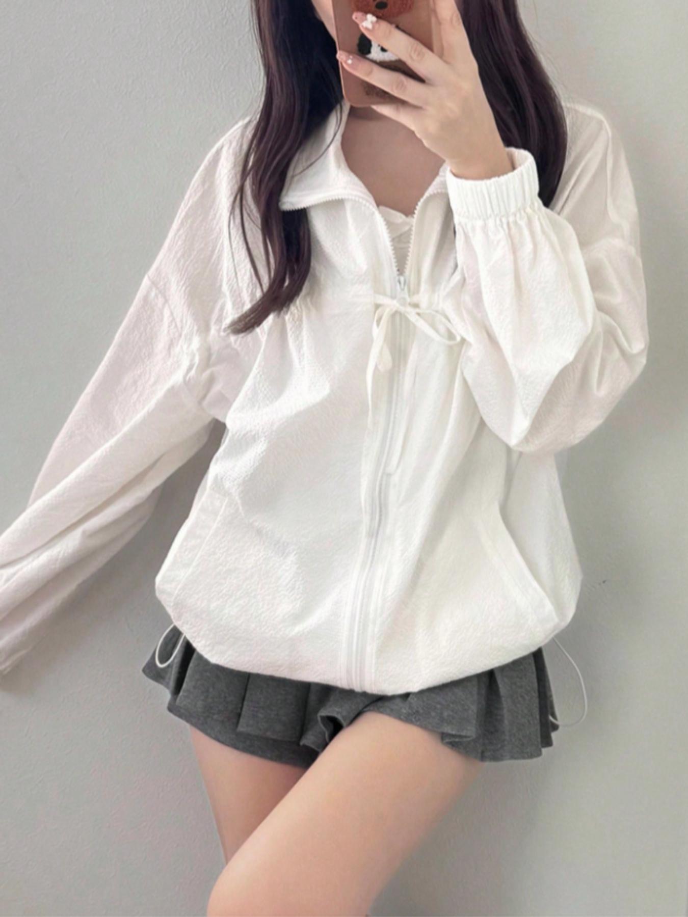 Women's Casual Streetwear Solid Color Textured Front Tie Bow Long Sleeve Fitted Zipper Drawstring Adjustable Jacket Coat Top, Stylish and Comfortable