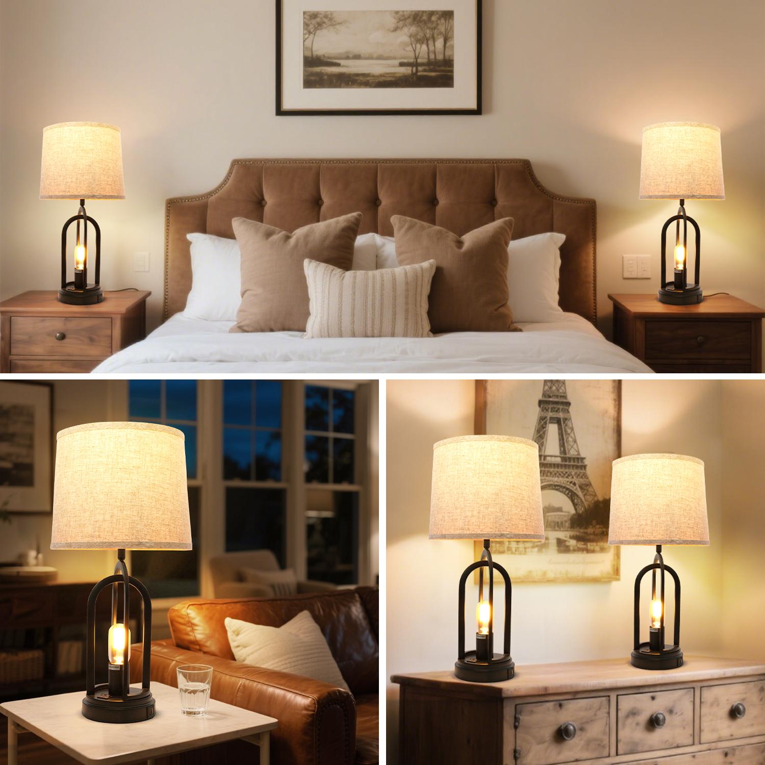 GALENTAL Bedside Lamps For Bedroom, Table Lamps Set Of 2 with USB Ports, Side Table Lamp For Living Room, Nightstand Lamp Lamp With Button Control, Rustic Fabric Shade, Unique Base Design for Bedroom, Living Room, Reading, Desk