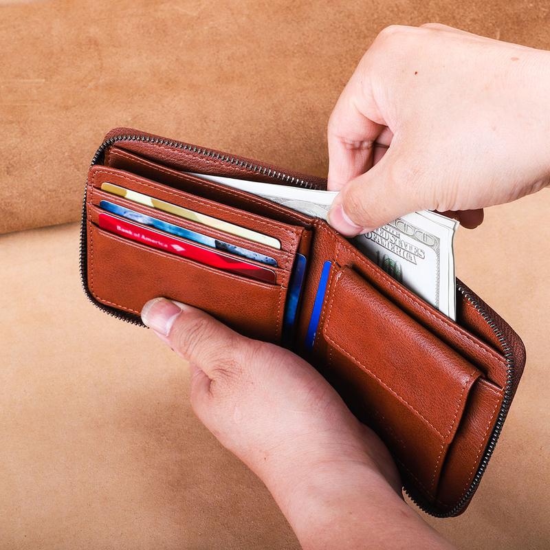 Mens Genuine Leather Zipper Wallet RFID Secure Large Capacity Double Fold Multi-card Leather Wallets for Men and Coin Purse
